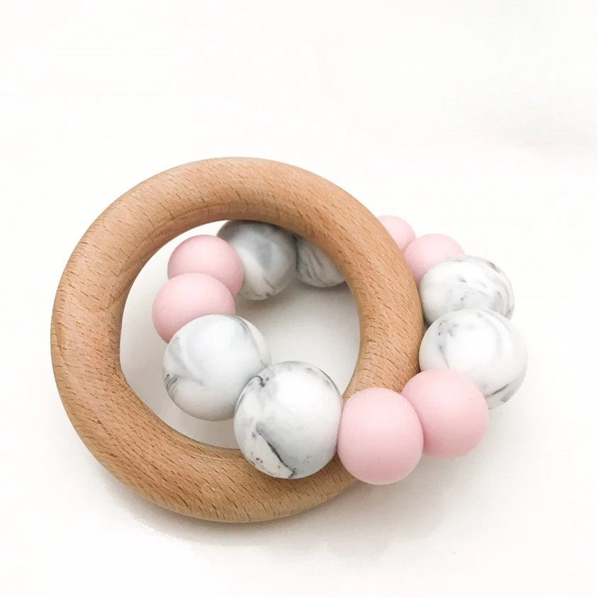 Teether Silicone and Beech Wood Pink Marble
